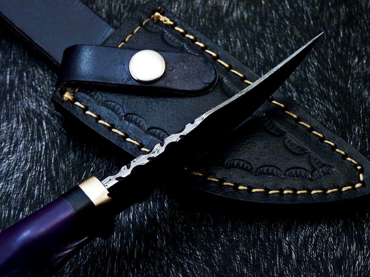 10" Resin Handle Damascus Steel Bowie Knife – Brass Bolster & Leather Sheath