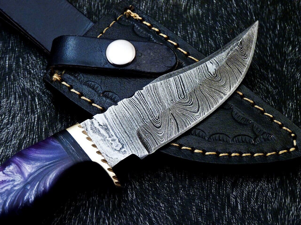 10" Resin Handle Damascus Steel Bowie Knife – Brass Bolster & Leather Sheath