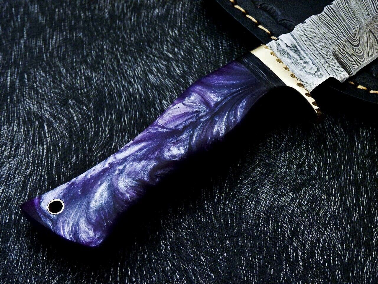 10" Resin Handle Damascus Steel Bowie Knife – Brass Bolster & Leather Sheath
