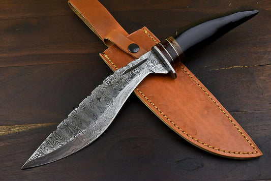 Handmade Damascus Bowie Knife – 13.5" Bull Horn Handle Hunting Blade
