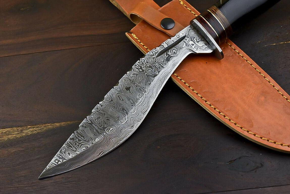 Handmade Damascus Bowie Knife – 13.5" Bull Horn Handle Hunting Blade