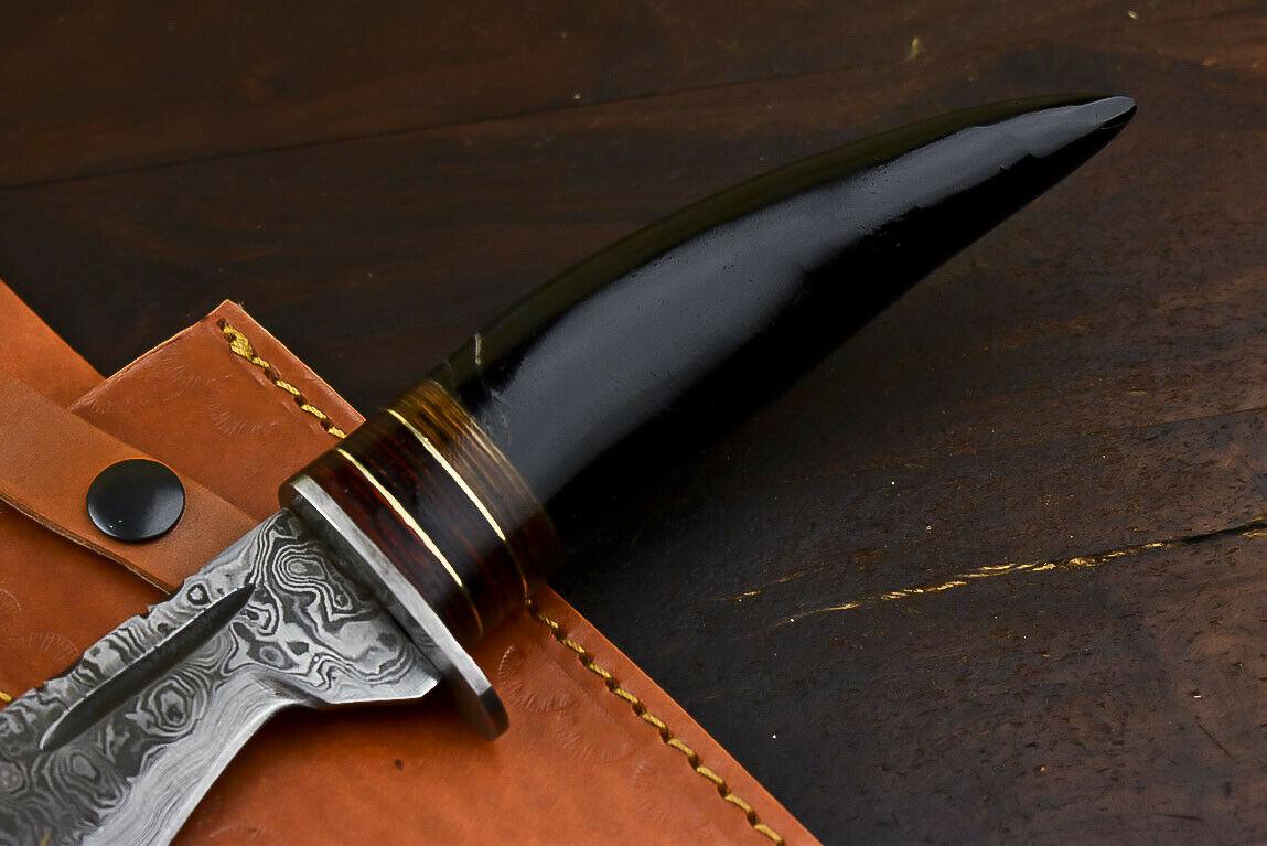 Handmade Damascus Bowie Knife – 13.5" Bull Horn Handle Hunting Blade