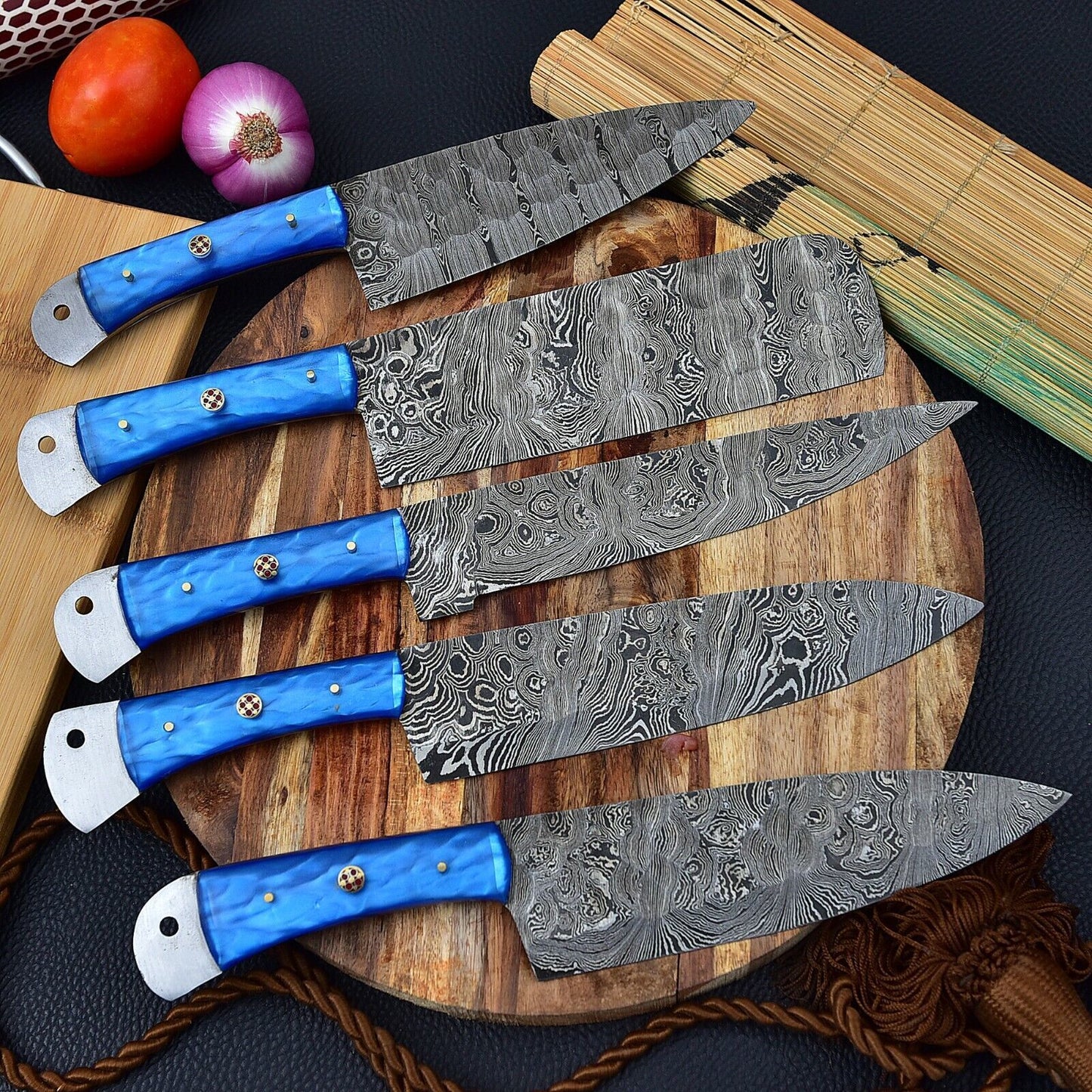 Hand Forged 5-Piece Damascus Steel Chef Knife Set with Leather Bag