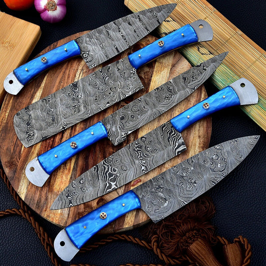 Hand Forged 5-Piece Damascus Steel Chef Knife Set with Leather Bag