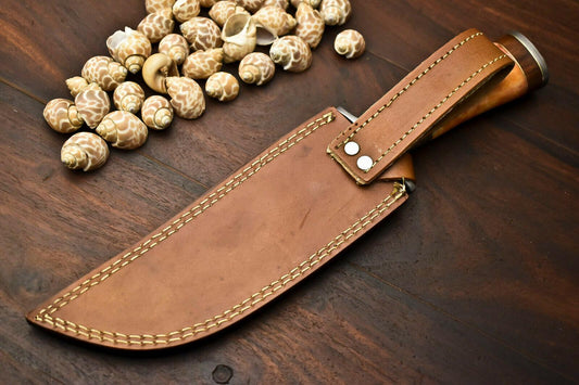 14.5" Damascus Steel Bowie Knife – Camel Bone Handle & Leather Sheath