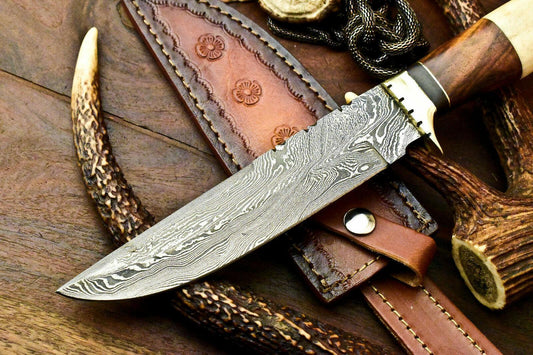 12" Handmade Damascus Bowie Knife | Camel Bone Handle & Leather Sheath