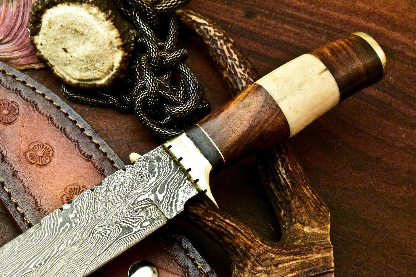 12" Handmade Damascus Bowie Knife | Camel Bone Handle & Leather Sheath