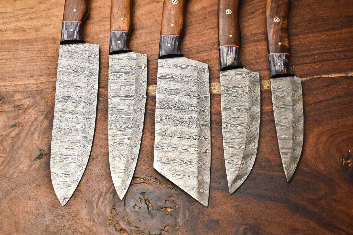 Custom 5-Piece Handmade Hammered Damascus Steel Chef Knife Set