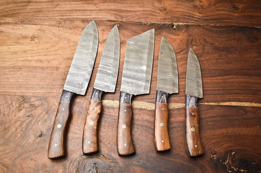 Custom 5-Piece Handmade Hammered Damascus Steel Chef Knife Set