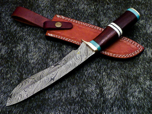 The Forest Warden: 12.75" Hand-Forged Damascus Hunting Knife with Natural Wood Grip