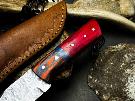 Heritage Forge Handmade Damascus Steel Hunting Knife with Wood Handle and Leather Sheath