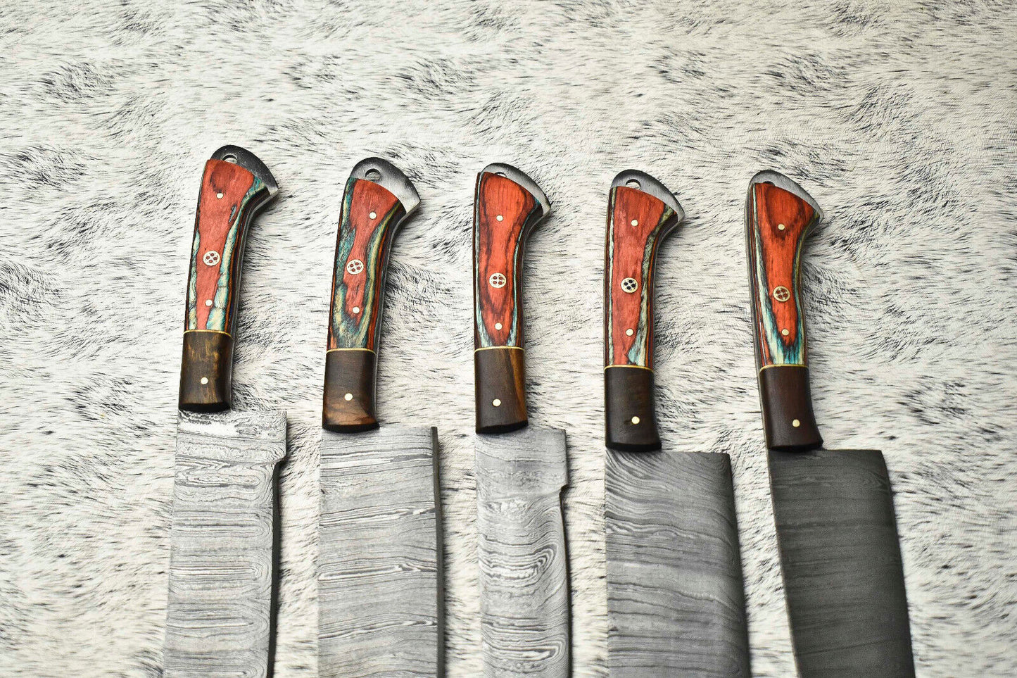Stunning Custom Lot of 5 Handmade Hammered Damascus Steel Blade Chef Set Knives