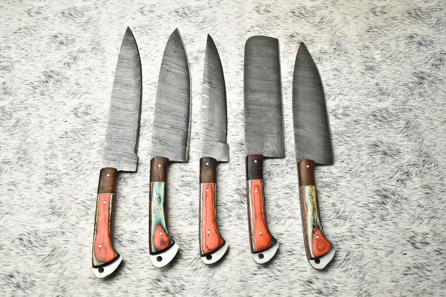Stunning Custom Lot of 5 Handmade Hammered Damascus Steel Blade Chef Set Knives