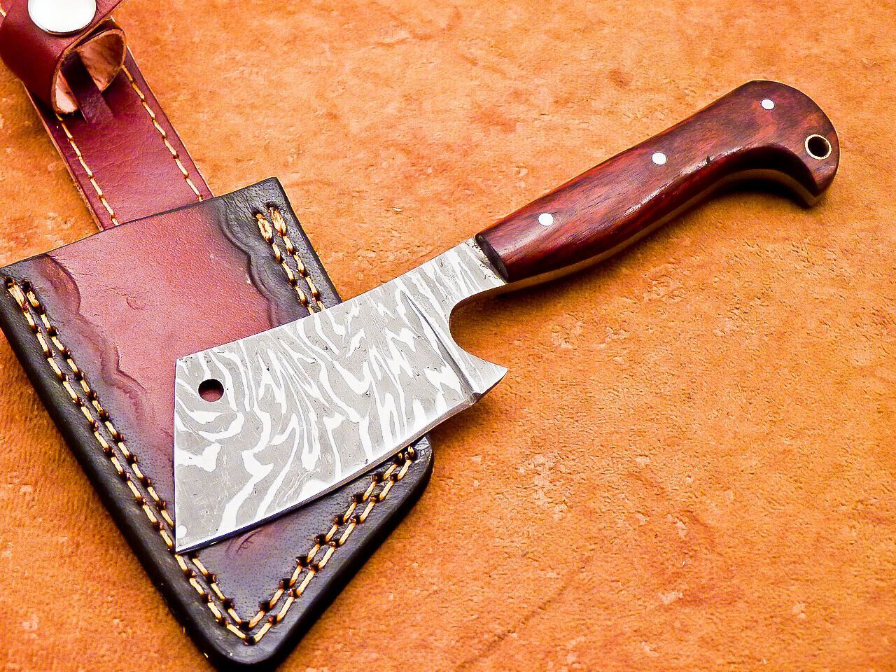 7.5" Professional Handmade Damascus Steel Chef Cleaver – Wood Handle with Leather Sheath