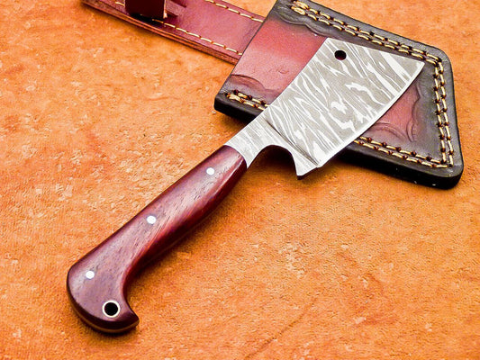 7.5" Professional Handmade Damascus Steel Chef Cleaver – Wood Handle with Leather Sheath
