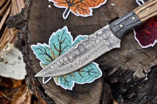 Hand Crafted Rain Drop Damascus Skinner Knife 8 Inch with Hard Wood Handle and Wooden Bolster W/ Leather Sheath