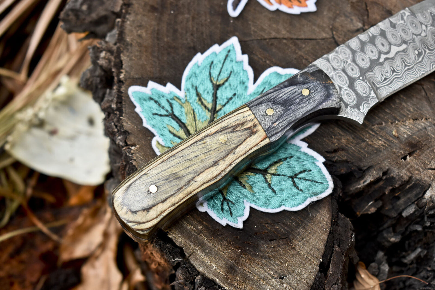 Hand Crafted Rain Drop Damascus Skinner Knife 8 Inch with Hard Wood Handle and Wooden Bolster W/ Leather Sheath