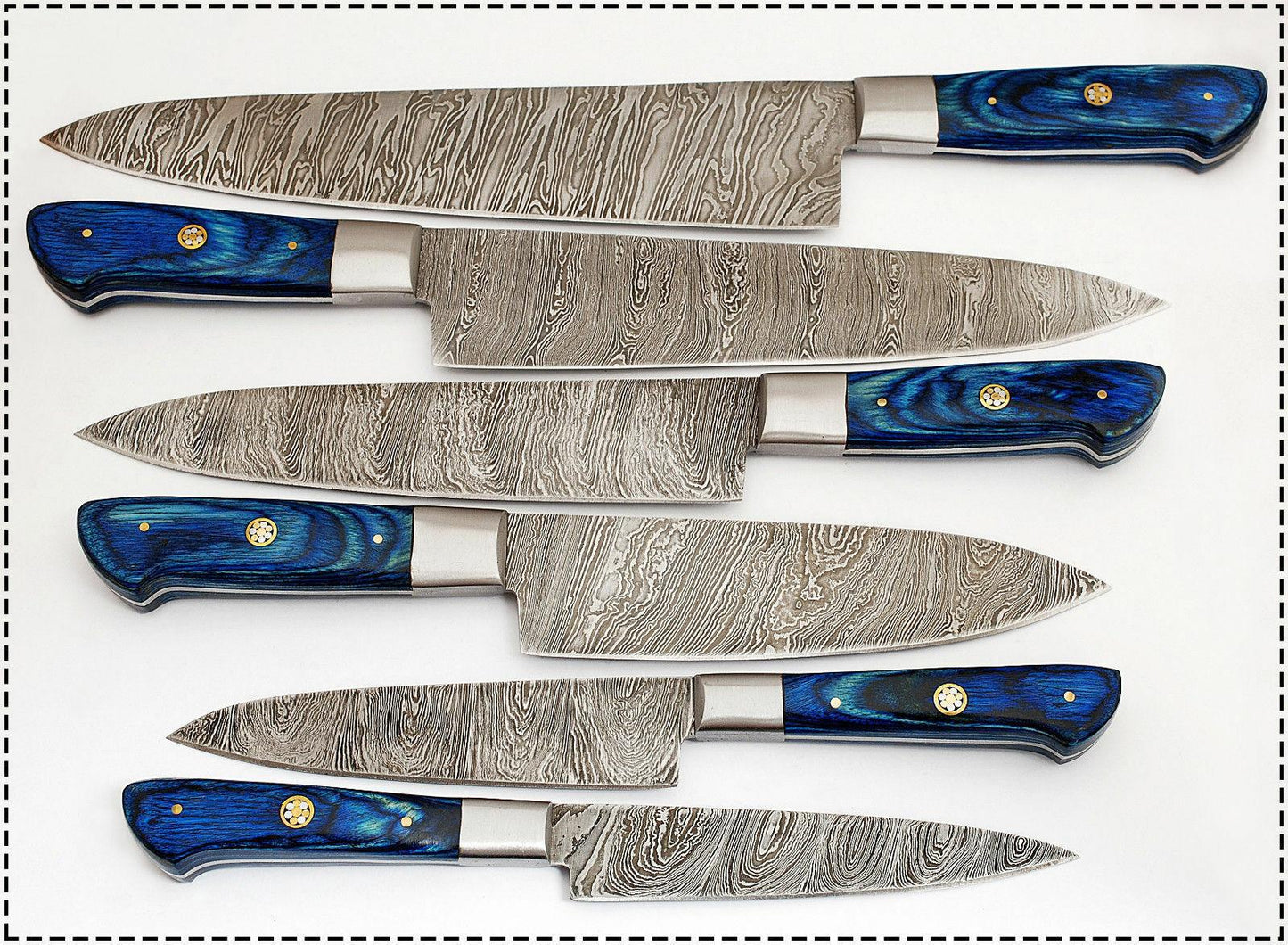 Custom Damascus Chef Knife Set – 6 Pc Pro Kitchen Knives with Blue Wood Handle