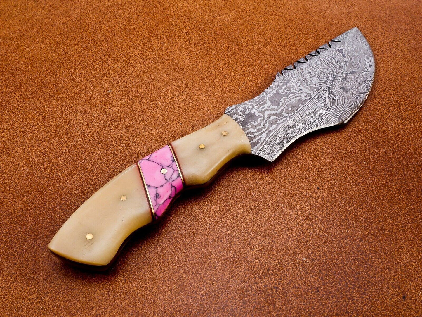 Full Tang Handmade Damascus Steel Tracker Knife – Bone Handle Hunting, Camping & Survival with Leather Sheath