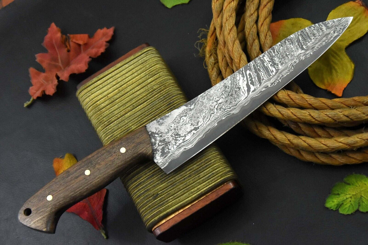 Heritage Forge Custom 12.5" San Mai Damascus Steel Chef Knife – Handmade in Pakistan with Walnut Handle