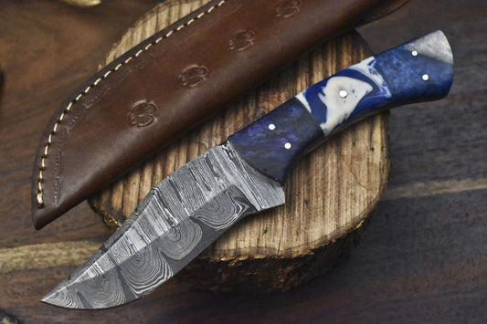 Twist Damascus Skinner Knife with Corian Handle – Handmade Hiking and Hunting Blade