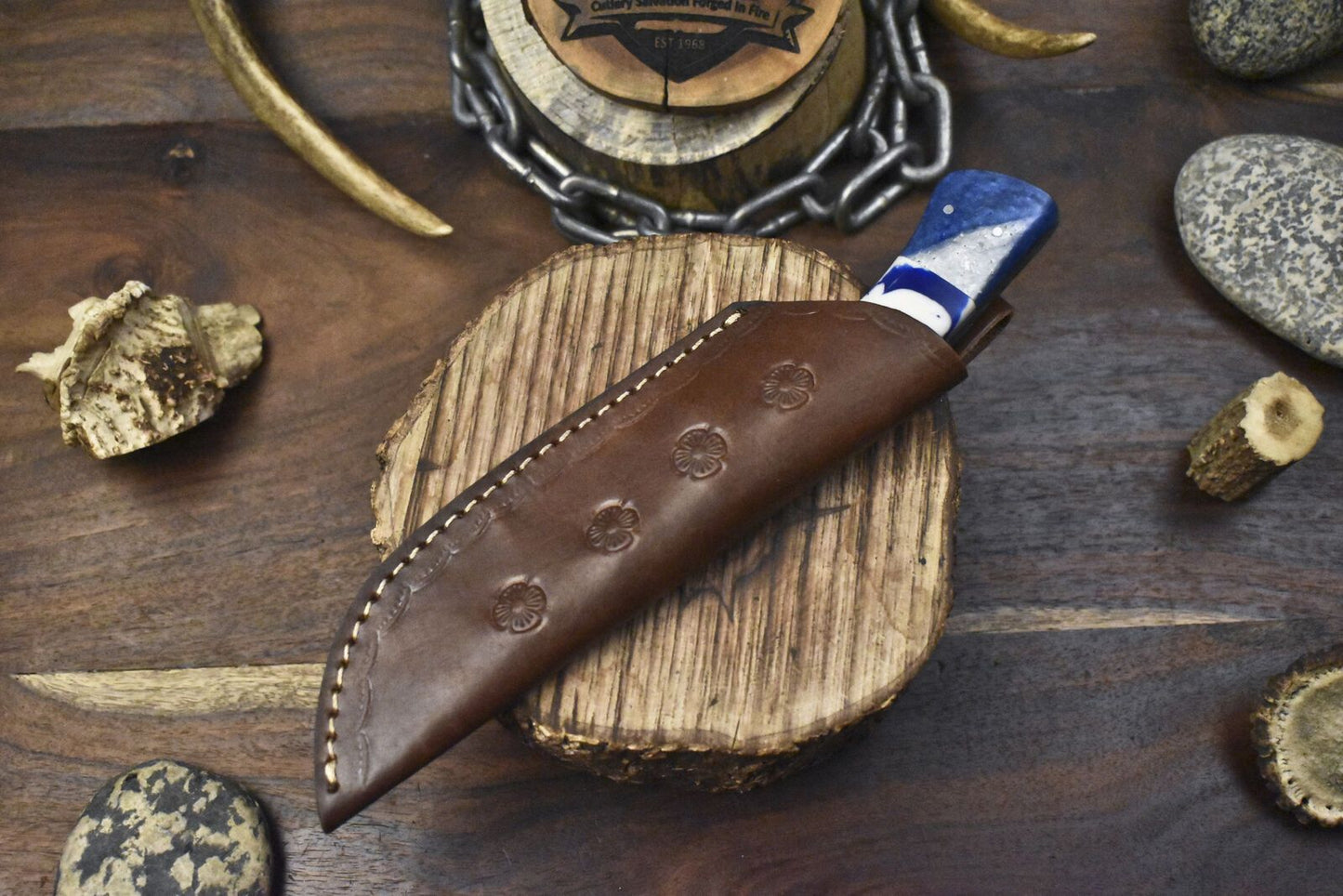 Twist Damascus Skinner Knife with Corian Handle – Handmade Hiking and Hunting Blade