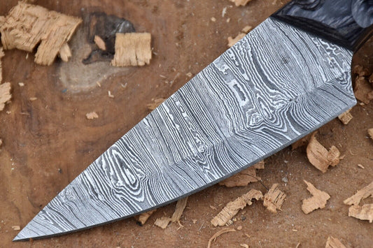 Handmade Damascus Steel Chef Knife – Custom Forged Kitchen Knife with Black Dollar Handle