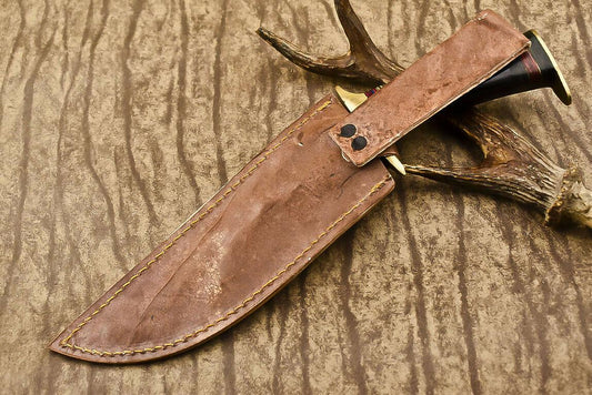 Hand-Forged Damascus Steel Bowie Knife with Bull Horn Handle – 13.5" Hunting Blade