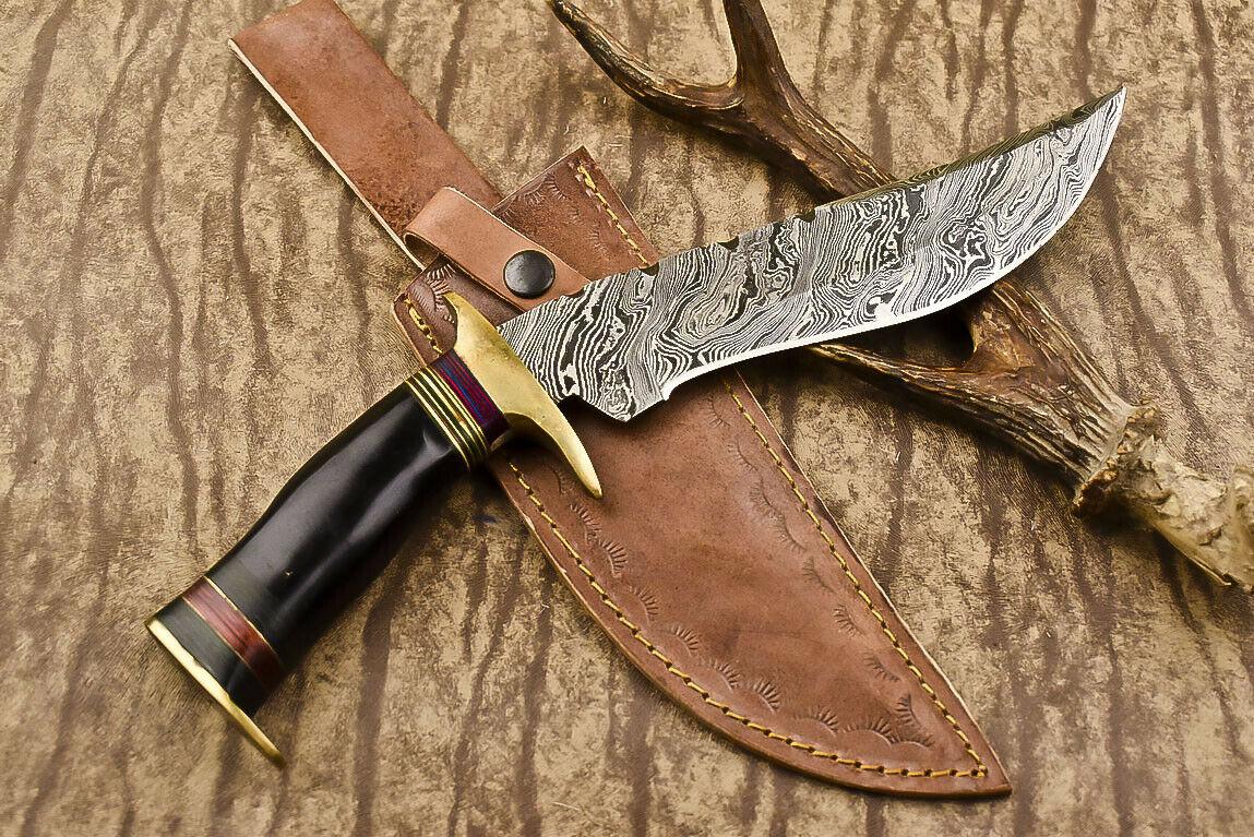 Hand-Forged Damascus Steel Bowie Knife with Bull Horn Handle – 13.5" Hunting Blade
