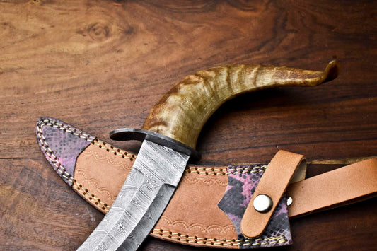 Heritage Forge 13 Inch Handmade Damascus Steel Bowie Knife with Ram's Horn Handle for Hunting and Camping