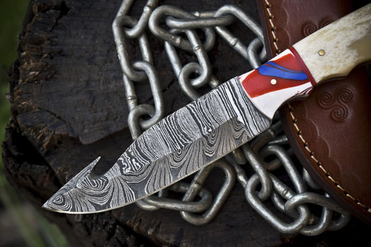 Handmade Gut Hook Skinner Knife Twist Damascus Bone Handle Micarta Guard – Camping Hunting Knife with Sheath