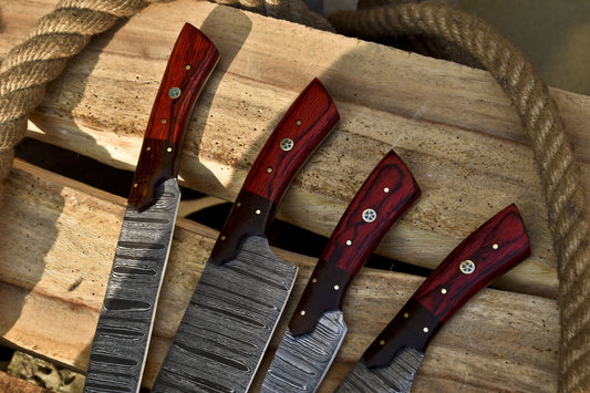 Hot Item Chef Knife B-Ring Damascus Hard Wood Bolster EDC Lot of 4