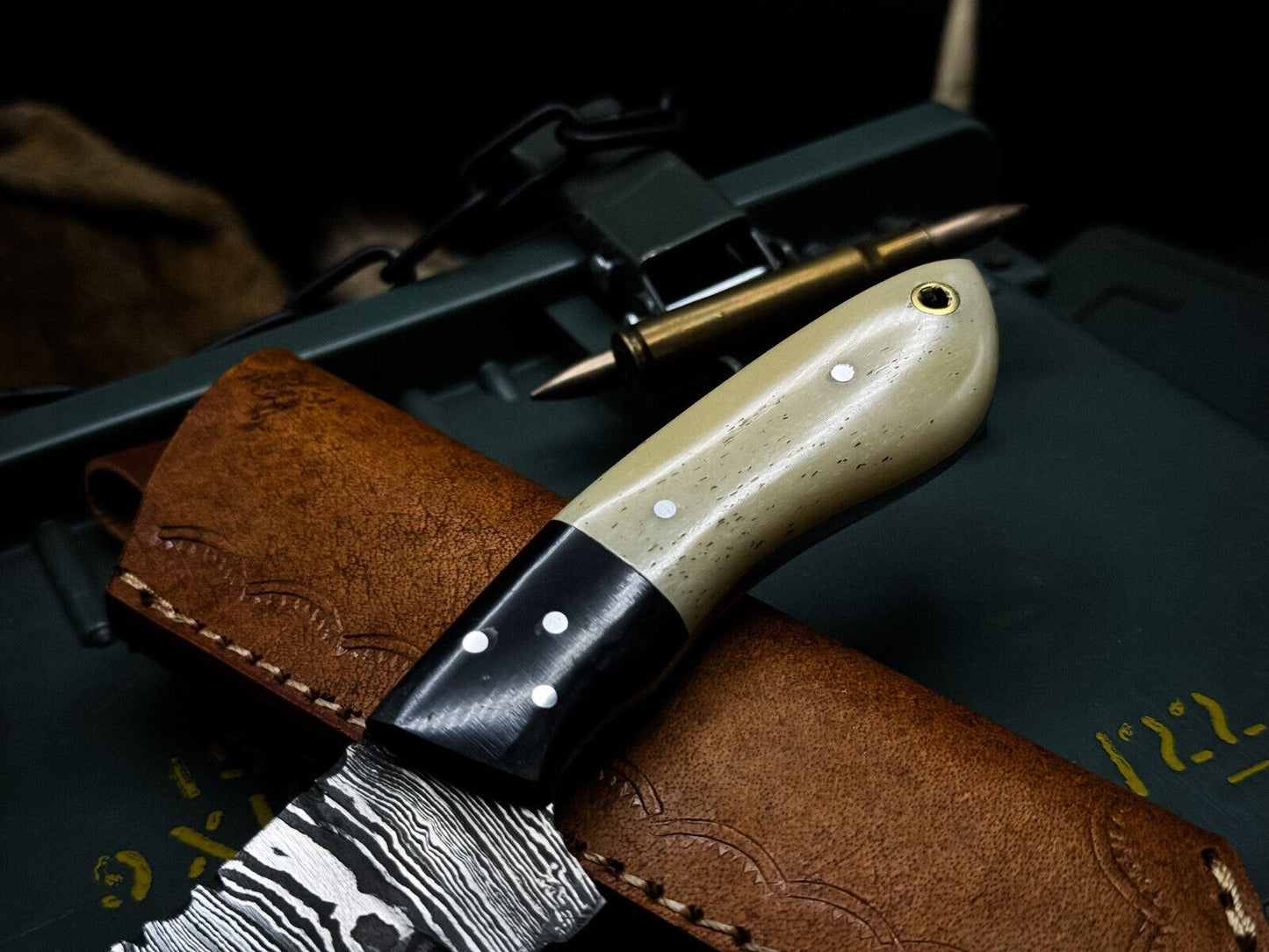 Handmade Damascus Steel Kitchen Chef Cleaver Knife with Camel Bone Handle & Leather Sheath