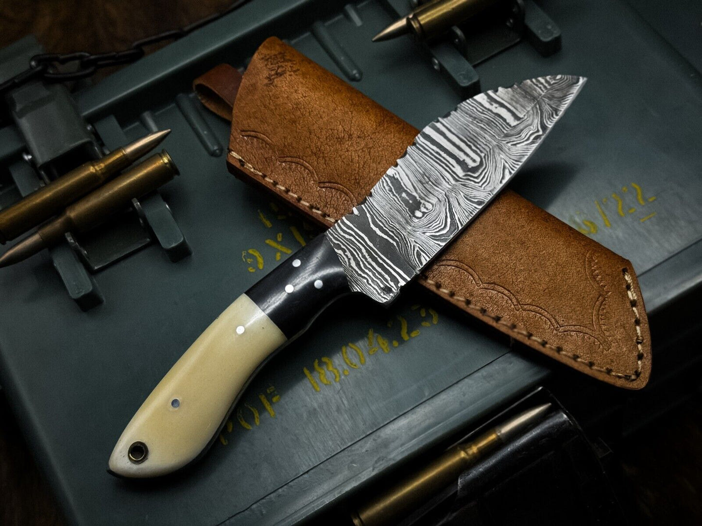 Handmade Damascus Steel Kitchen Chef Cleaver Knife with Camel Bone Handle & Leather Sheath