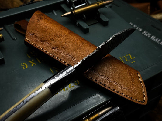 Handmade Damascus Steel Kitchen Chef Cleaver Knife with Camel Bone Handle & Leather Sheath