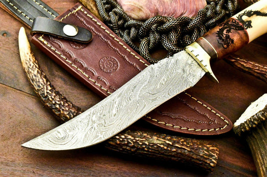 Custom Damascus Steel Bowie Knife | 12" Laser Etched Camel Bone Handle