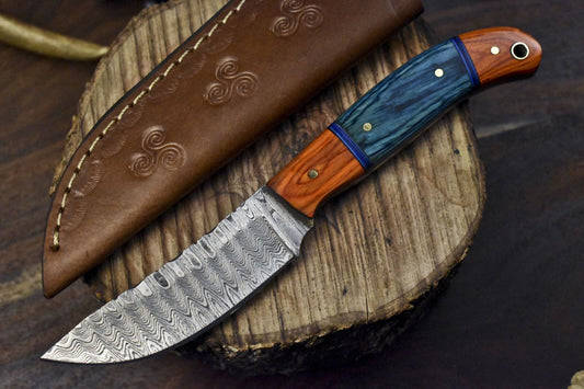 8" Ladder Damascus Skinner Knife Hardwood Handle Wooden Bolster Gift Knife
