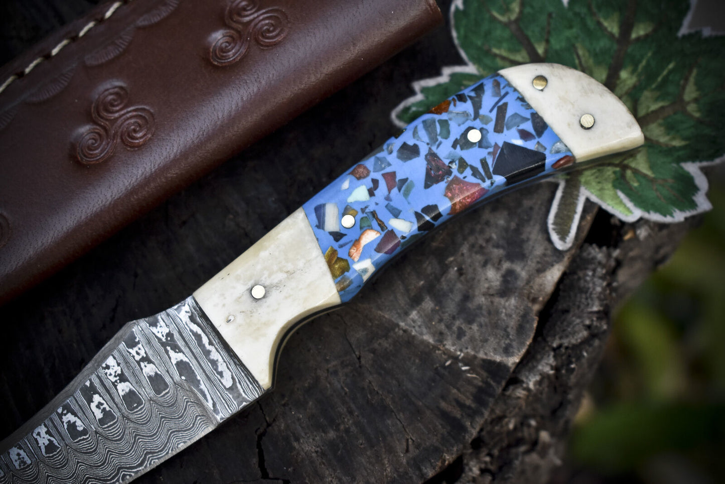 Ladder Damascus Skinner Knife – 7.5" Micarta Handle EDC Tactical Closeout
