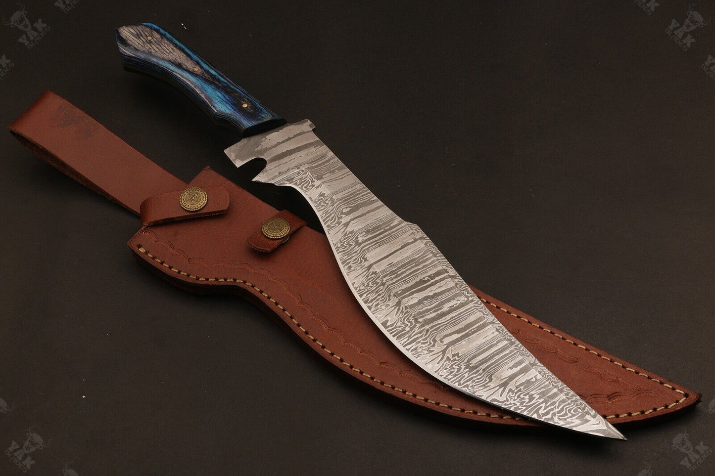 16 Inch Fire Pattern Damascus Bowie Knife with Wood Handle by Heritage Forge