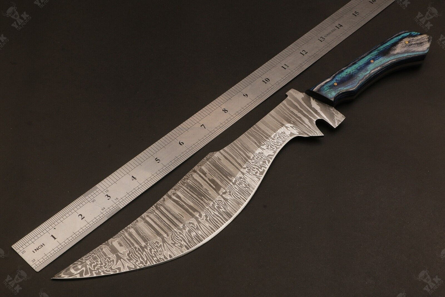 16 Inch Fire Pattern Damascus Bowie Knife with Wood Handle by Heritage Forge