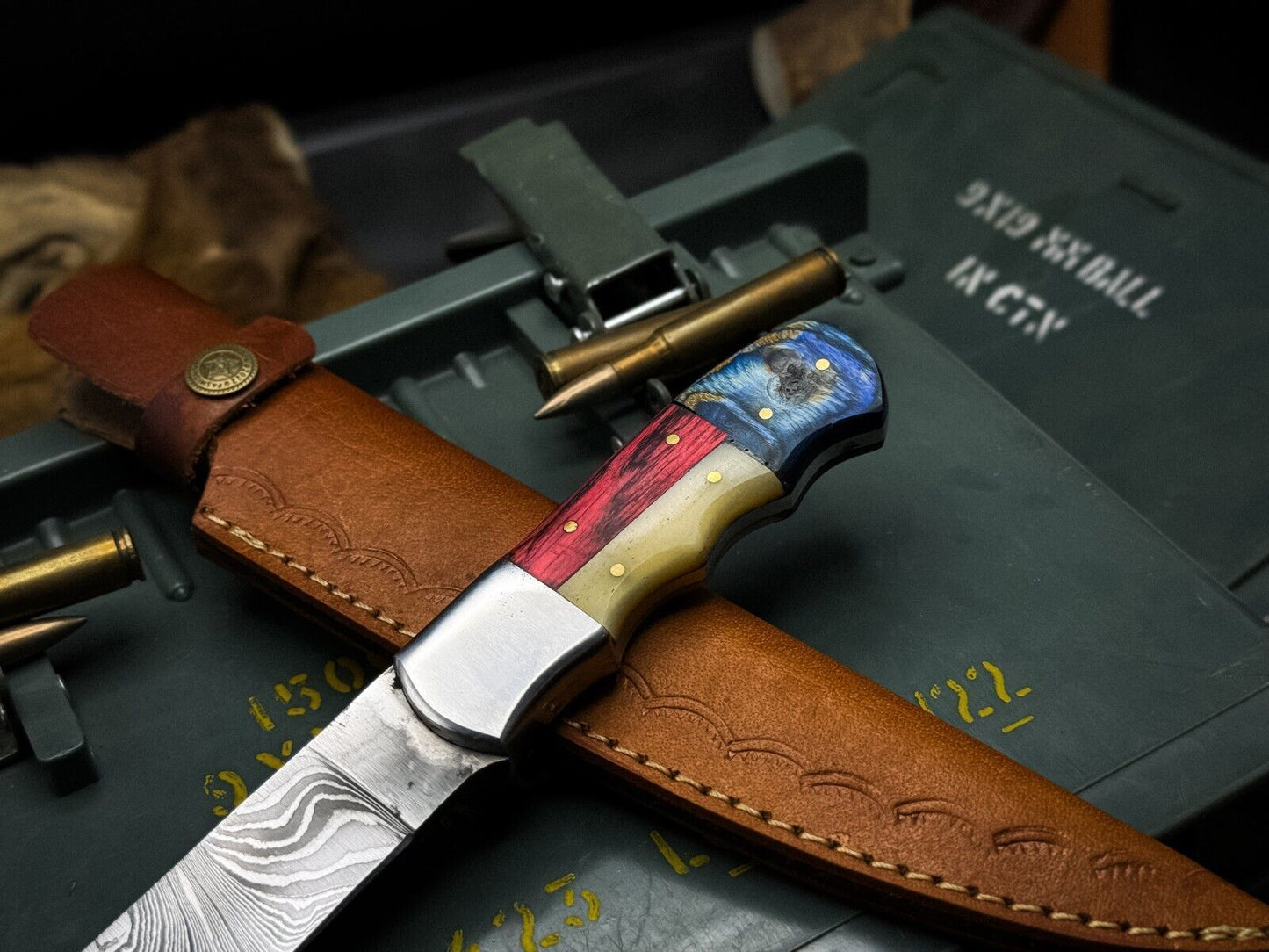 Handmade Damascus Steel Fillet Hunting Kitchen Knife with Bone Handle & Leather Sheath