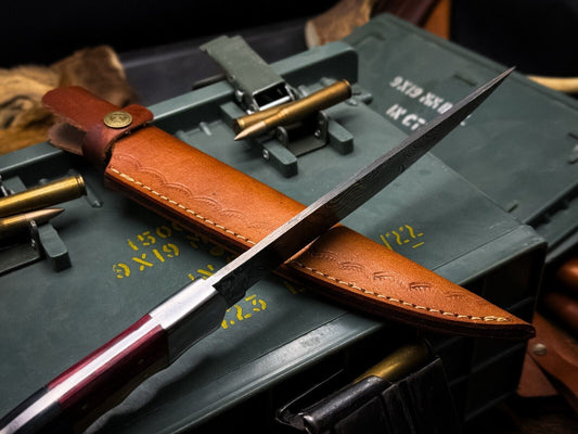 Handmade Damascus Steel Fillet Hunting Kitchen Knife with Bone Handle & Leather Sheath