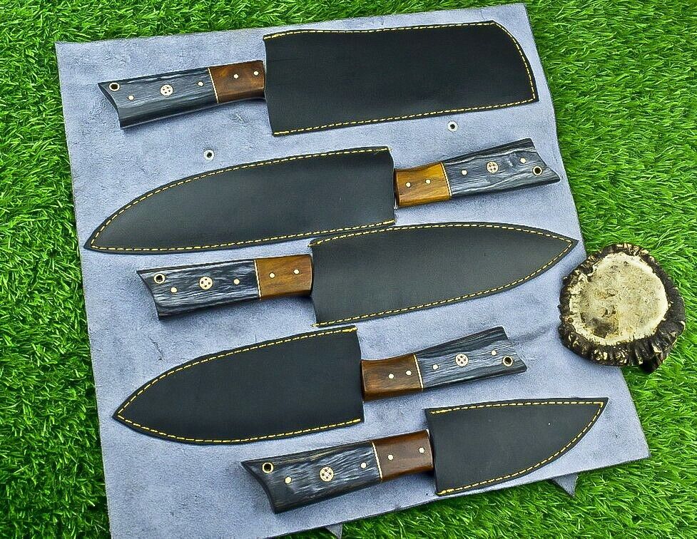 5 PCS Custom Handmade Damascus Steel Chef Knife Set Wood Handle