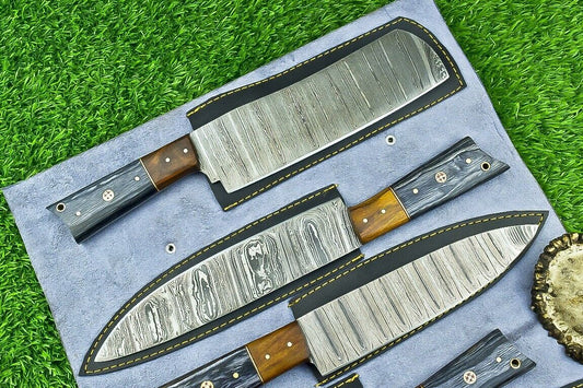 5 PCS Custom Handmade Damascus Steel Chef Knife Set Wood Handle