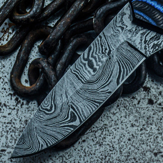 9.5" Custom Damascus Steel Bowie Knife with Wood Handle & Sheath
