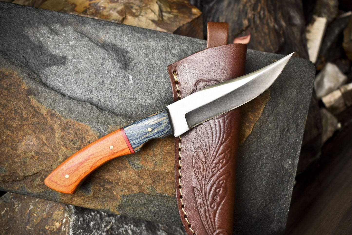 Custom Hand Forged Skinner Knife – AUS-8 Steel, Hard Wood Handle with Wooden Bolster, 8" Hunting Knife