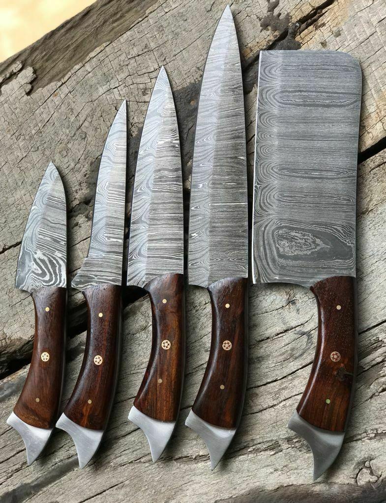 Handmade Twist Damascus Steel Chef Knife Set – 5 Pcs, Walnut Handle, Razor Sharp