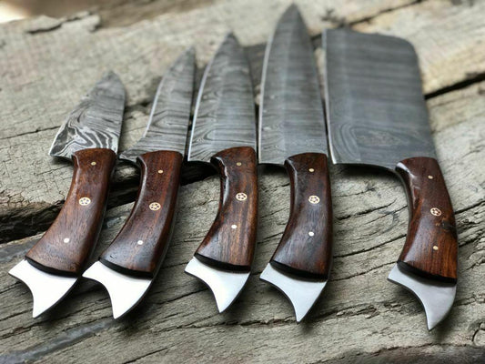 Handmade Twist Damascus Steel Chef Knife Set – 5 Pcs, Walnut Handle, Razor Sharp