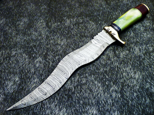 16" Damascus Bowie Knife – Stained Bone & Wood Handle with Leather Sheath