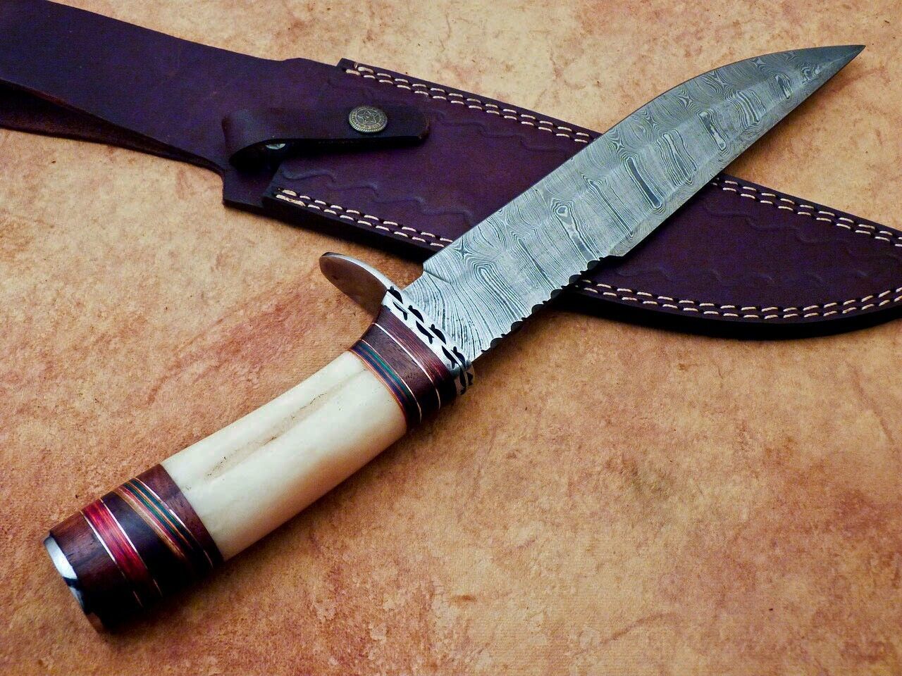 Heritage Forge Handmade Damascus Steel Bowie Knife with Camel Bone Handle for Hunting and Camping